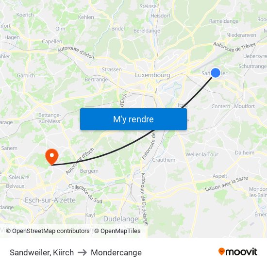 Sandweiler, Kiirch to Mondercange map