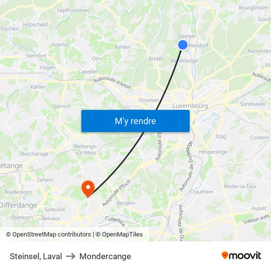 Steinsel, Laval to Mondercange map