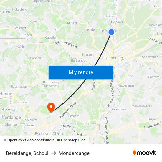 Bereldange, Schoul to Mondercange map
