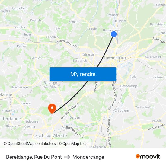 Bereldange, Rue Du Pont to Mondercange map