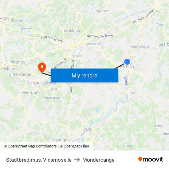 Stadtbredimus, Vinsmoselle to Mondercange map