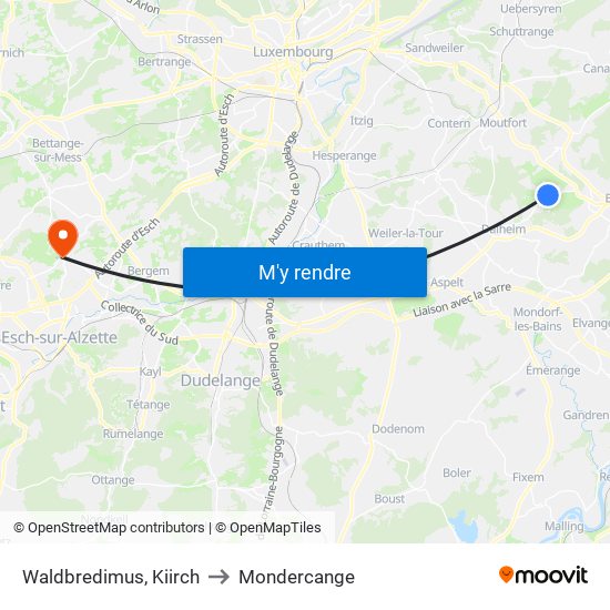 Waldbredimus, Kiirch to Mondercange map