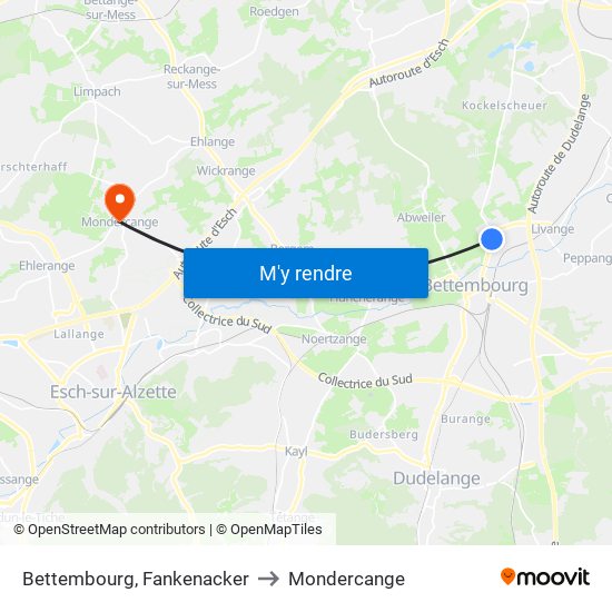 Bettembourg, Fankenacker to Mondercange map