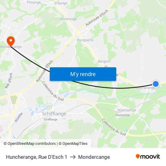 Huncherange, Rue D'Esch 1 to Mondercange map