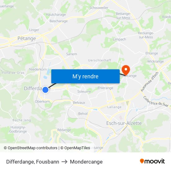 Differdange, Fousbann to Mondercange map