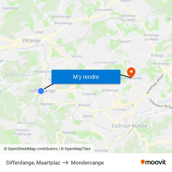 Differdange, Maartplaz to Mondercange map