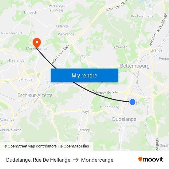 Dudelange, Rue De Hellange to Mondercange map