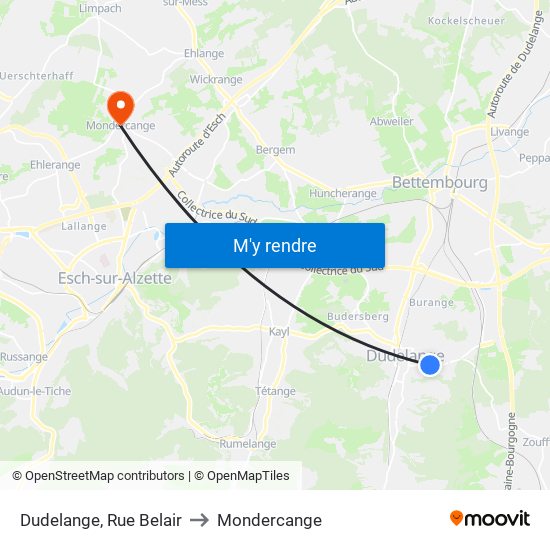 Dudelange, Rue Belair to Mondercange map