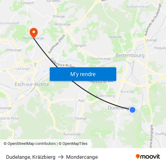 Dudelange, Kräizbierg to Mondercange map