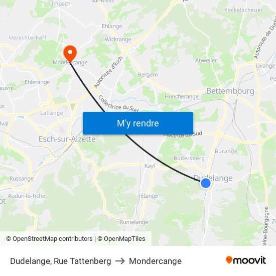 Dudelange, Rue Tattenberg to Mondercange map