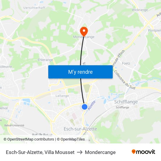 Esch-Sur-Alzette, Villa Mousset to Mondercange map