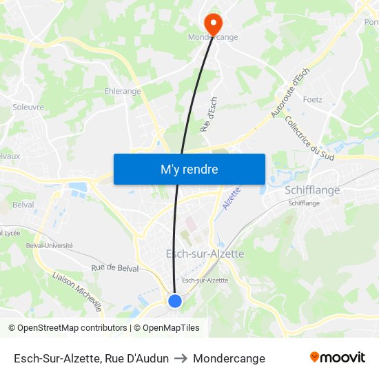 Esch-Sur-Alzette, Rue D'Audun to Mondercange map