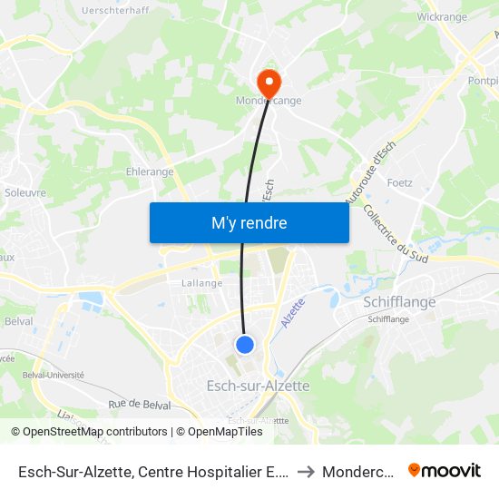 Esch-Sur-Alzette, Centre Hospitalier E. Mayrisch to Mondercange map