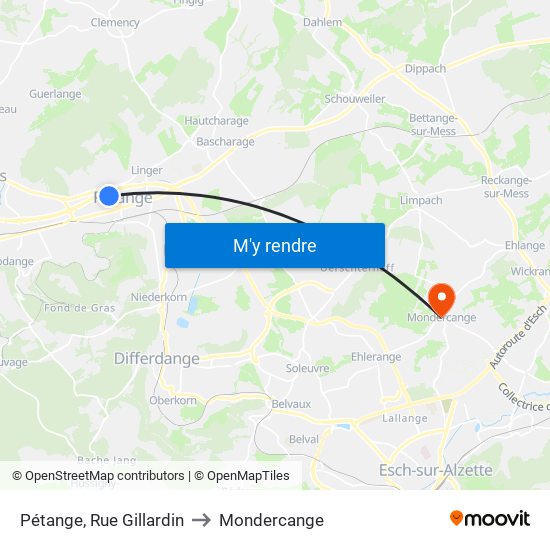 Pétange, Rue Gillardin to Mondercange map