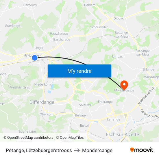 Pétange, Lëtzebuergerstrooss to Mondercange map