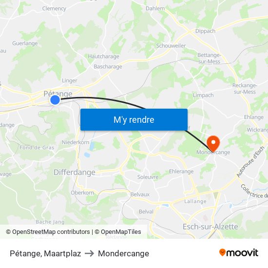 Pétange, Maartplaz to Mondercange map