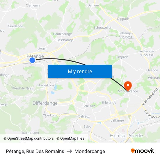 Pétange, Rue Des Romains to Mondercange map