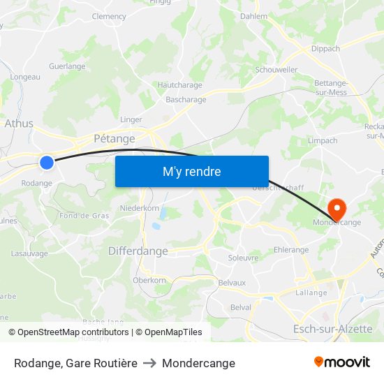Rodange, Gare Routière to Mondercange map