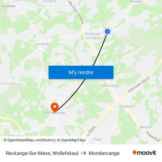 Reckange-Sur-Mess, Wollefskaul to Mondercange map