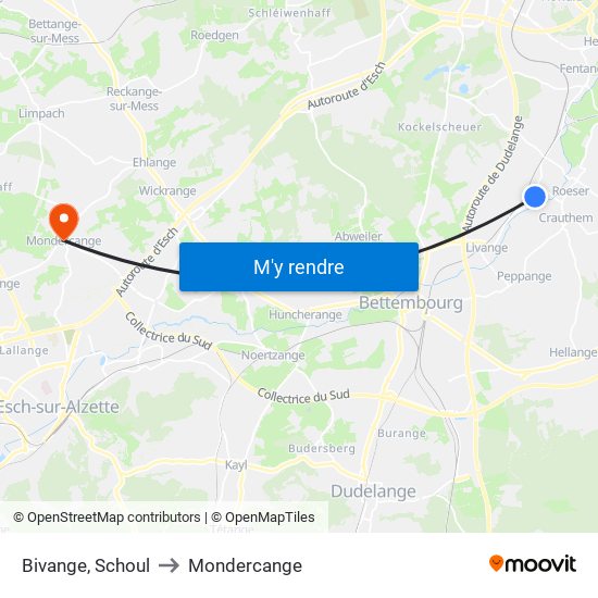 Bivange, Schoul to Mondercange map