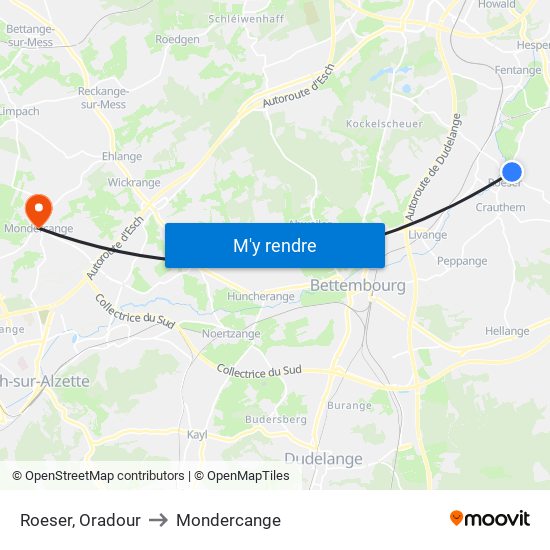 Roeser, Oradour to Mondercange map