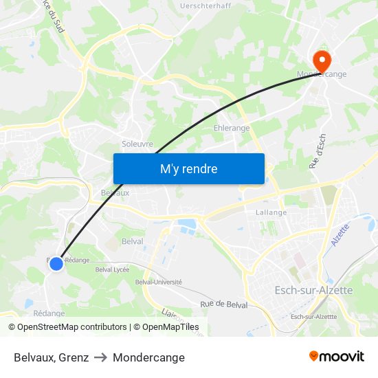 Belvaux, Grenz to Mondercange map