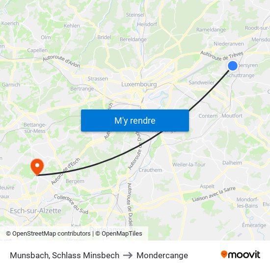 Munsbach, Schlass Minsbech to Mondercange map