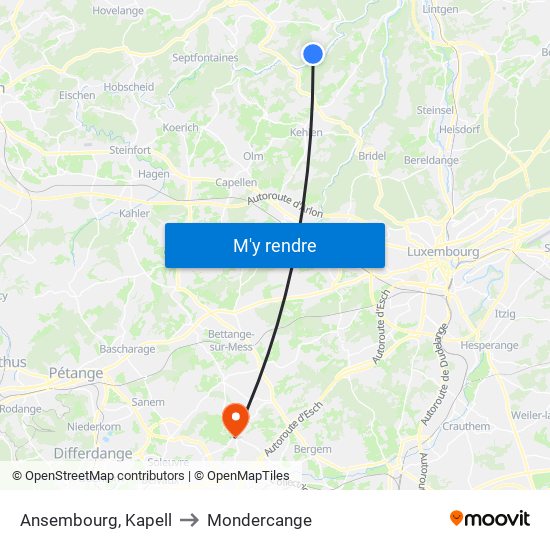 Ansembourg, Kapell to Mondercange map