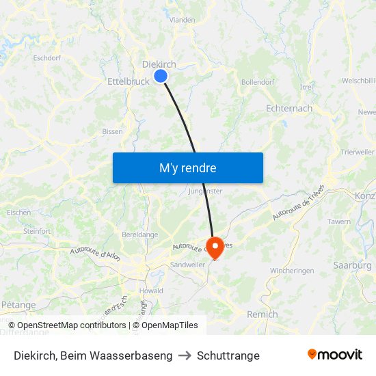 Diekirch, Beim Waasserbaseng to Schuttrange map