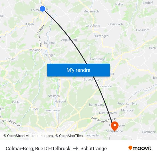 Colmar-Berg, Rue D'Ettelbruck to Schuttrange map