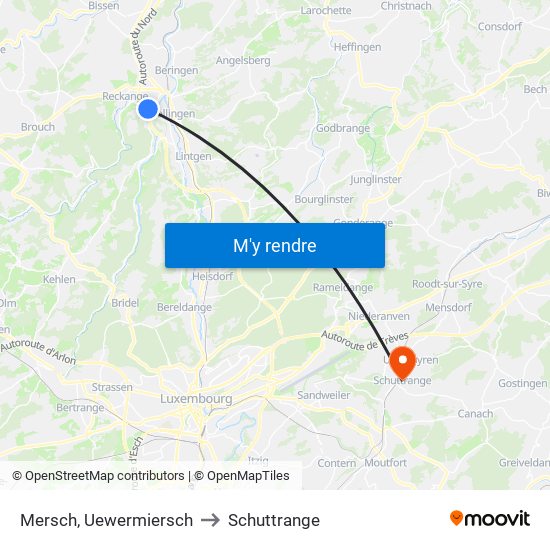 Mersch, Uewermiersch to Schuttrange map