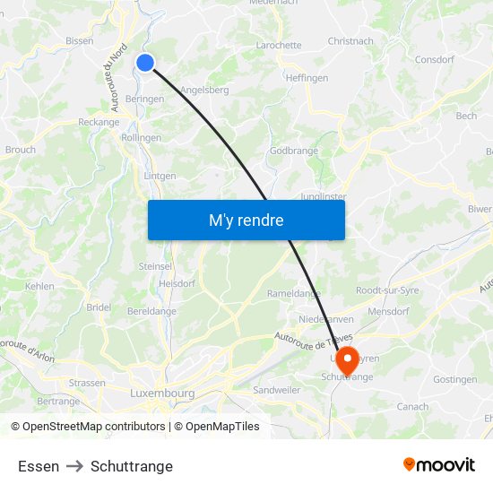 Essen to Schuttrange map