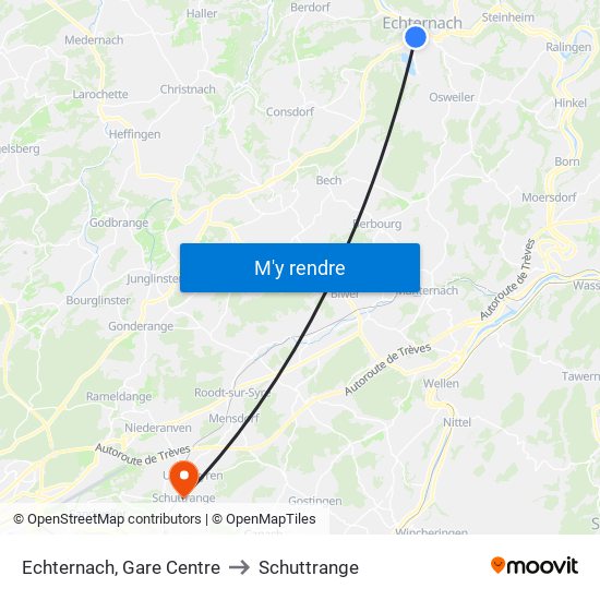 Echternach, Gare Centre to Schuttrange map