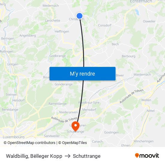Waldbillig, Bëlleger Kopp to Schuttrange map