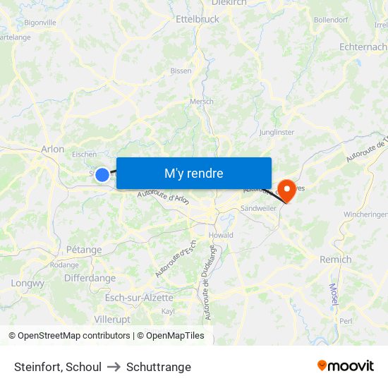 Steinfort, Schoul to Schuttrange map