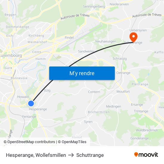 Hesperange, Wollefsmillen to Schuttrange map