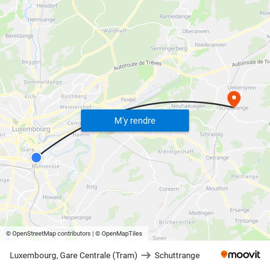 Luxembourg, Gare Centrale (Tram) to Schuttrange map