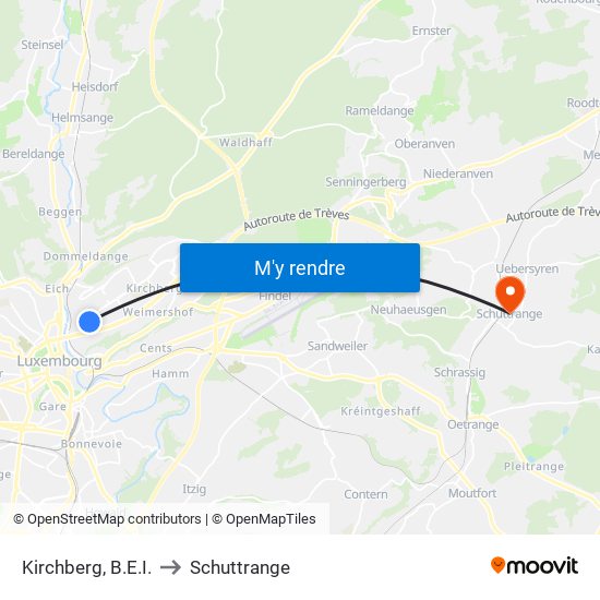 Kirchberg, B.E.I. to Schuttrange map