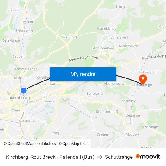 Kirchberg, Rout Bréck - Pafendall (Bus) to Schuttrange map