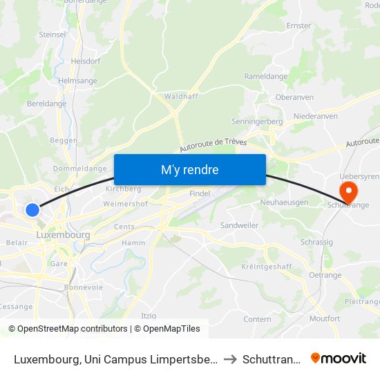 Luxembourg, Uni Campus Limpertsberg to Schuttrange map