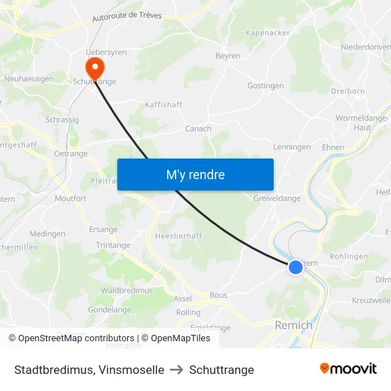 Stadtbredimus, Vinsmoselle to Schuttrange map