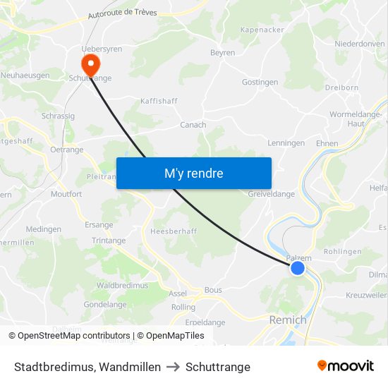 Stadtbredimus, Wandmillen to Schuttrange map