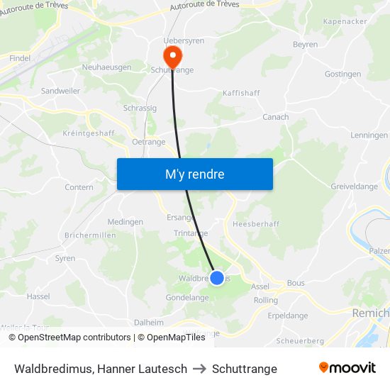 Waldbredimus, Hanner Lautesch to Schuttrange map