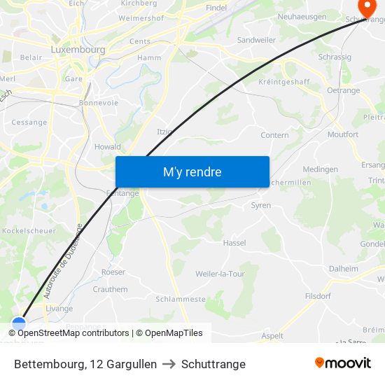 Bettembourg, 12 Gargullen to Schuttrange map