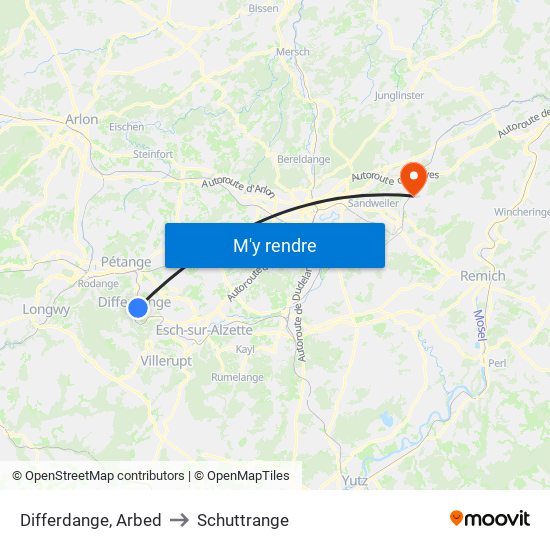 Differdange, Arbed to Schuttrange map