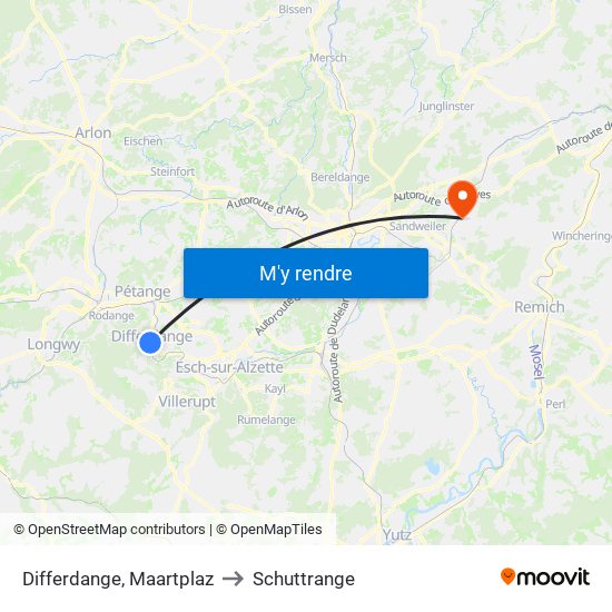 Differdange, Maartplaz to Schuttrange map