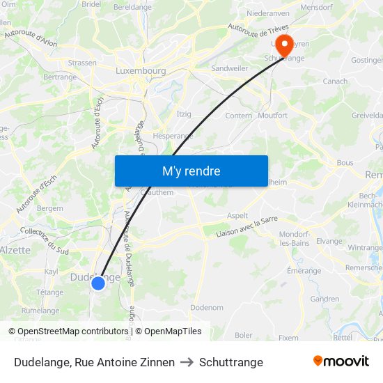Dudelange, Rue Antoine Zinnen to Schuttrange map