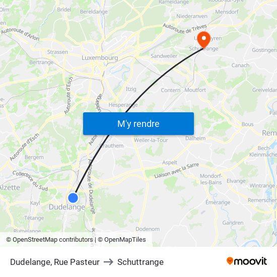 Dudelange, Rue Pasteur to Schuttrange map