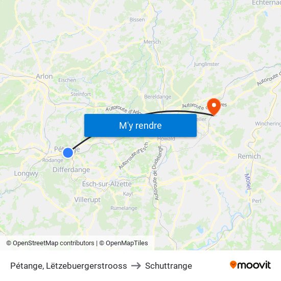 Pétange, Lëtzebuergerstrooss to Schuttrange map