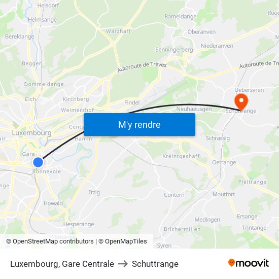 Luxembourg, Gare Centrale to Schuttrange map